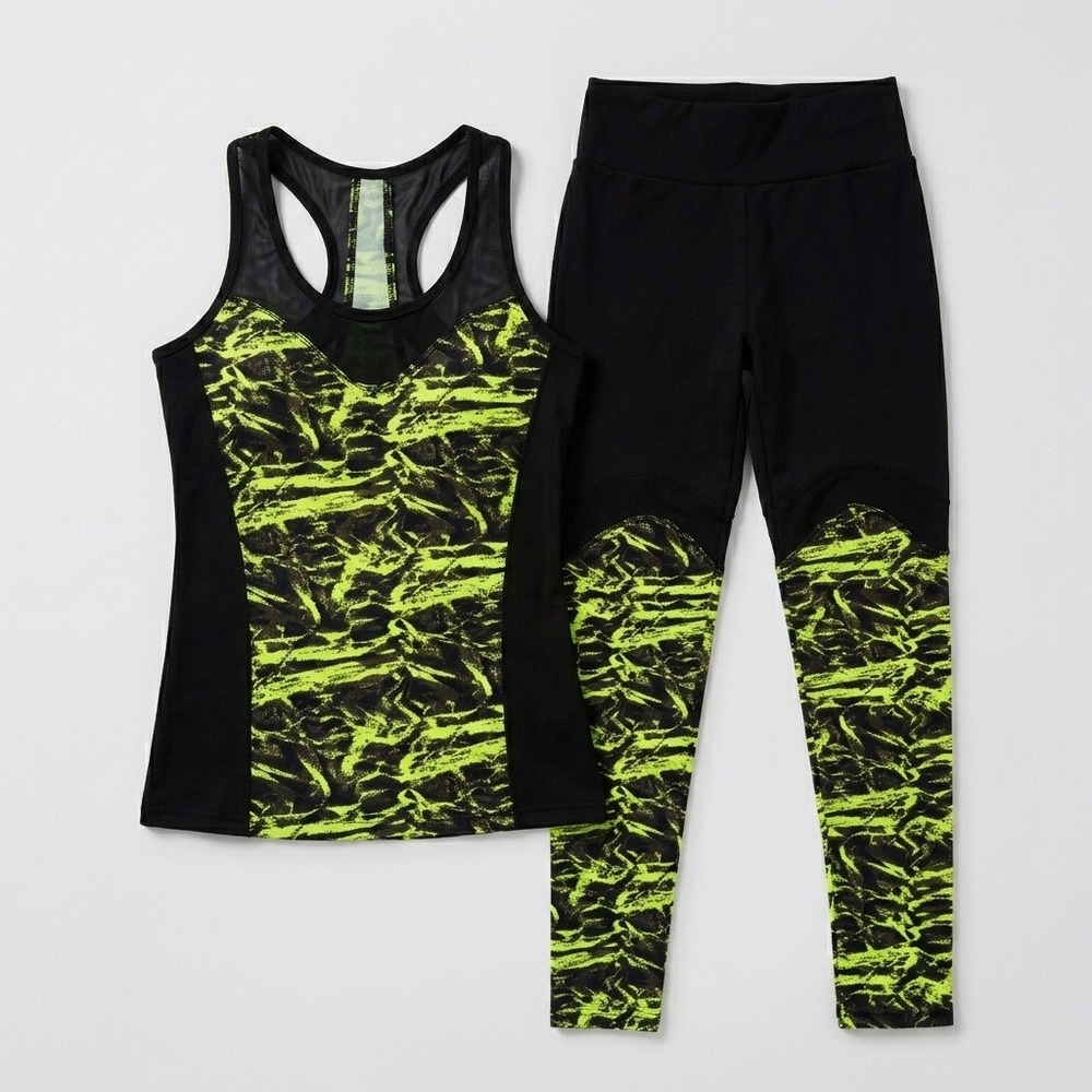 Neon Yellow Black Abstract Print Activewear Set Mesh Tank and Leggings A5913